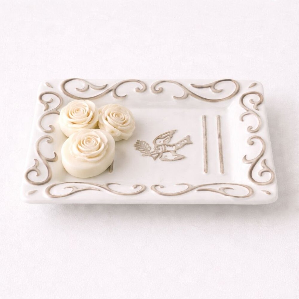 French Market Soap Dish European Ceramic Scroll Bird Vanity Tray Cottage Decor